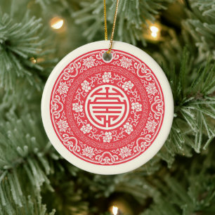 Röda kinesiska WuFu tur symbol Julgransprydnad Keramik