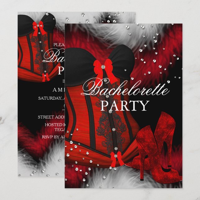 Röda klackar Fjäder spets korsett Henparty 2 Inbjudningar (Fram/baksida)