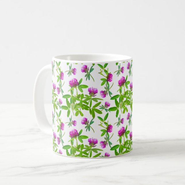 Röda klöver på vit kaffemugg (Framsida vänster)