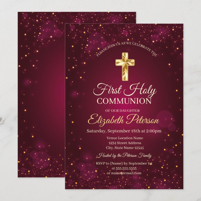 Röda konfetti guld, första Heligan, kommunfullmäkt Inbjudningar (Fram/baksida)