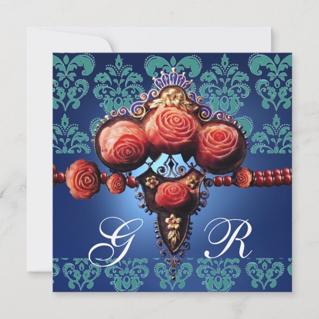 RÖDA KORALLROSA, AKVABLÅ SVART DAMASKUS MONOGRAM INBJUDNINGAR (Framsida)