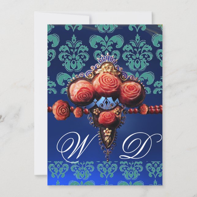 RÖDA KORALLROSA, AKVABLÅ SVART DAMASKUS MONOGRAM INBJUDNINGAR (Framsida)