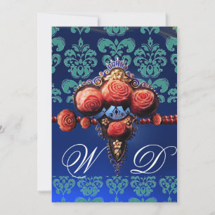 RÖDA KORALLROSA, AKVABLÅ SVART DAMASKUS MONOGRAM INBJUDNINGAR
