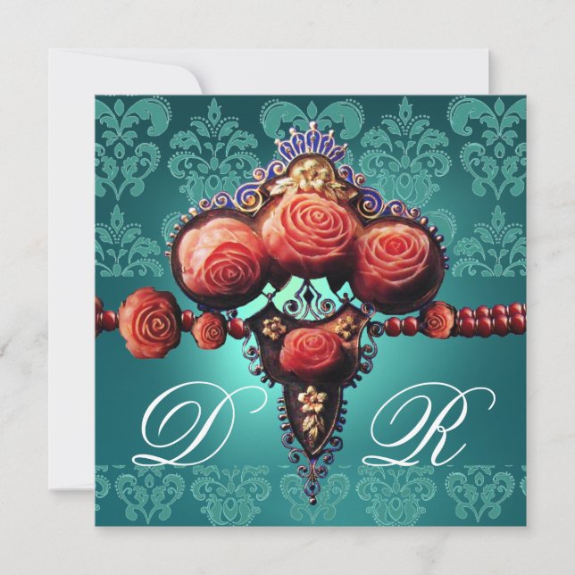 RÖDA KORALLROSA, AKVABLÅ SVART DAMASKUS MONOGRAM INBJUDNINGAR (Framsida)