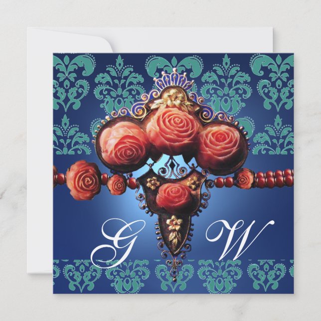 RÖDA KORALLROSA, AKVABLÅ SVART DAMASKUS MONOGRAM INBJUDNINGAR (Framsida)