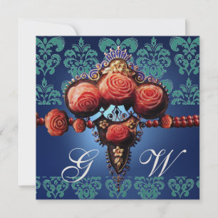 RÖDA KORALLROSA, AKVABLÅ SVART DAMASKUS MONOGRAM INBJUDNINGAR