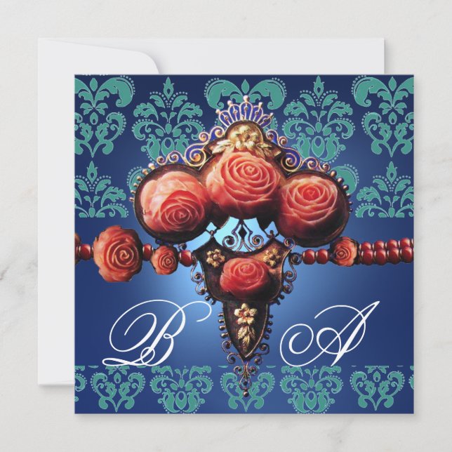 RÖDA KORALLROSA, AKVABLÅ SVART DAMASKUS MONOGRAM INBJUDNINGAR (Framsida)