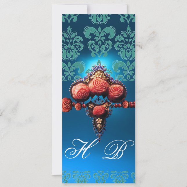 RÖDA KORALLROSA, AKVABLÅ SVART DAMASTSK MONOGRAM INBJUDNINGAR (Framsida)