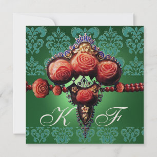 RÖDA KORALLROSA, GRÖN BLÅ SVART DAMASTSK MONOGRAM INBJUDNINGAR