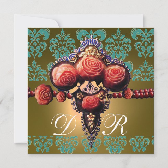 RÖDA KORALLROSA,SVART GRÖN GUL DAMASK MONOGRAM INBJUDNINGAR (Framsida)