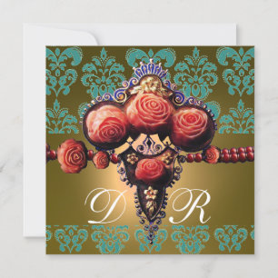 RÖDA KORALLROSA,SVART GRÖN GUL DAMASK MONOGRAM INBJUDNINGAR