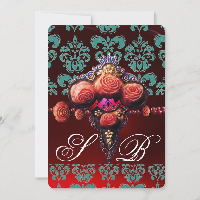 RÖDA KORALLROSA, TEALBLÅ SVART DAMASK MONOGRAM INBJUDNINGAR (Framsida)