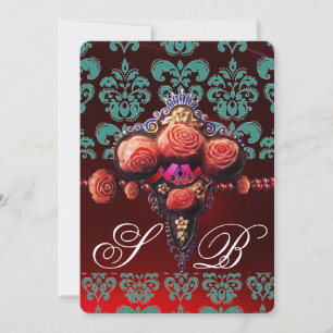 RÖDA KORALLROSA, TEALBLÅ SVART DAMASK MONOGRAM INBJUDNINGAR