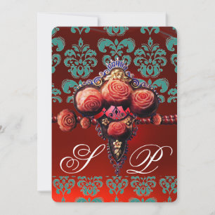 RÖDA KORALLROSA, TEALBLÅ SVART DAMASK MONOGRAM INBJUDNINGAR