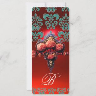 RÖDA KORALLROSA, TEALBLÅ SVART DAMASK MONOGRAM INBJUDNINGAR