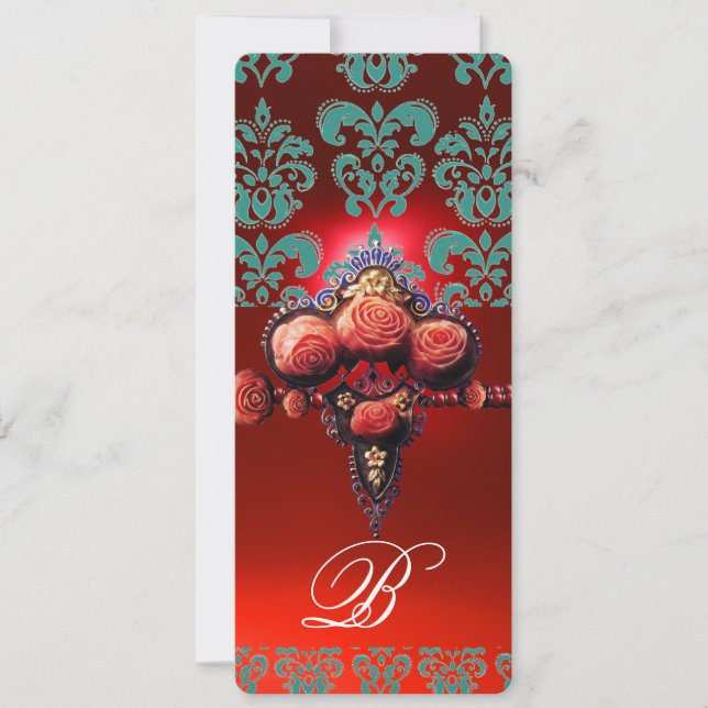 RÖDA KORALLROSOR, TEALBLÅ SVART DAMASK-MONOGRAM INBJUDNINGAR (Framsida)