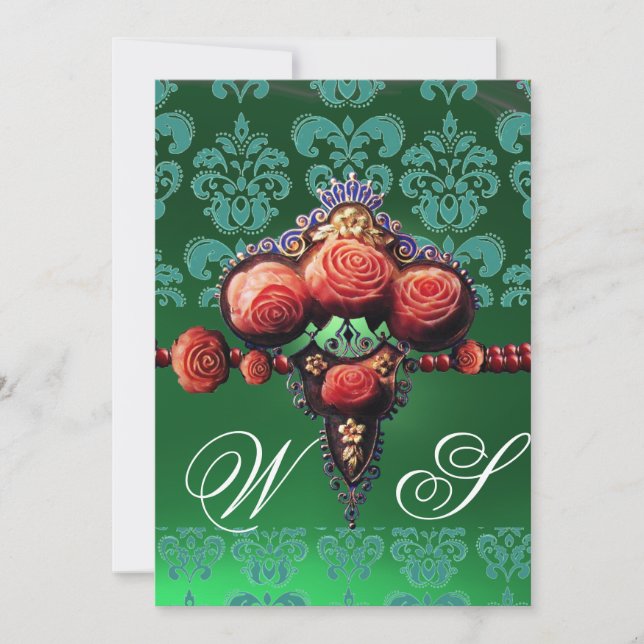 RÖDA KORALLROSR, BLÅ SVART GRÖN DAMASK MONOGRAM INBJUDNINGAR (Framsida)