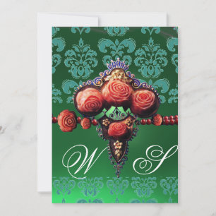 RÖDA KORALLROSR, BLÅ SVART GRÖN DAMASK MONOGRAM INBJUDNINGAR