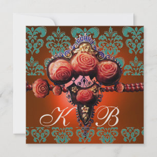 RÖDA KORALLROSR, ORANGE BLÅ GULD DAMASK MONOGRAM INBJUDNINGAR