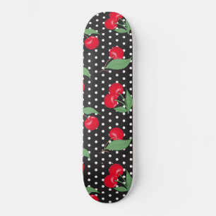 Röda körsbär frukt Gröna blad Svarta vita prickar Mini Skateboard Bräda 18,5 Cm