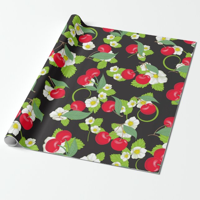Röda körsbär frukter Gröna blad Vackra vita blommo Presentpapper (Utrullad)