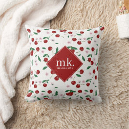 Röda Körsbär Grönska & Körsbärsblommor Monogram Kudde