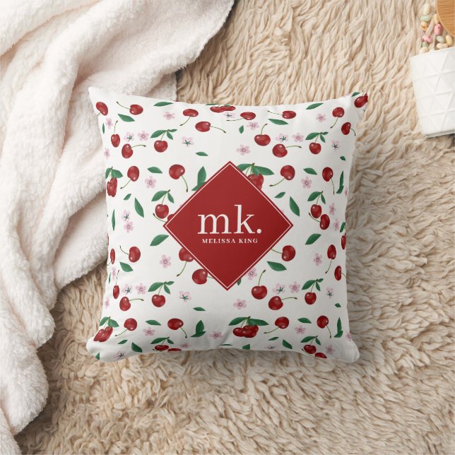 Röda Körsbär Grönska & Körsbärsblommor Monogram Kudde (Filt)