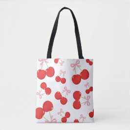 Röda körsbär med rosa rosett Coquette Cottage Chic Tygkasse