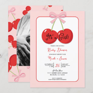Röda körsbär med rosa rosett Kokett baby shower Inbjudningar