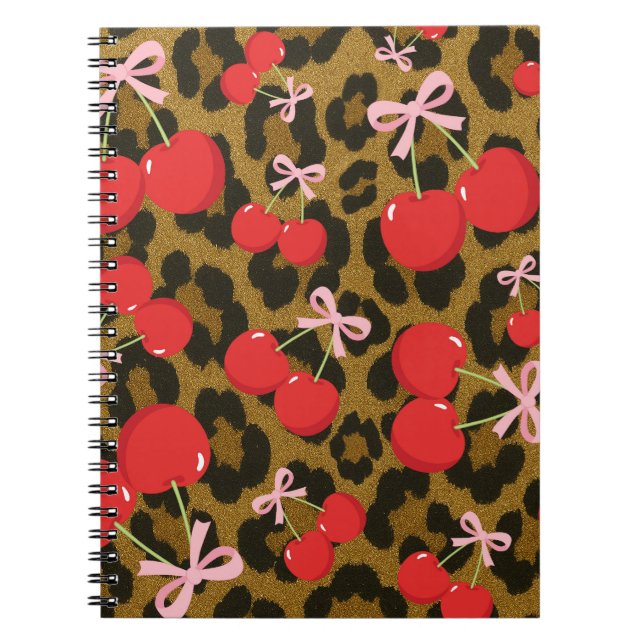 Röda körsbär med rosa rosett Kokett leopardtryck Anteckningsbok (Framsidan)