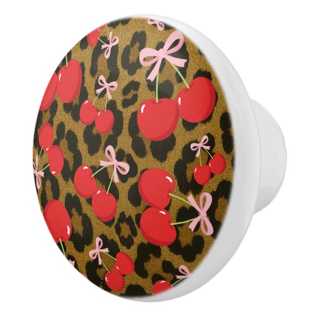 Röda körsbär med rosa rosett Kokett leopardtryck Knopp (Höger)