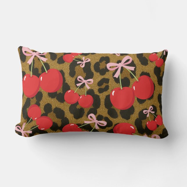 Röda körsbär med rosa rosett Kokett leopardtryck Lumbarkudde (Framsida)
