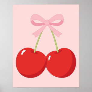 Röda körsbär med rosa slinga Coquette Cottage Chic Poster