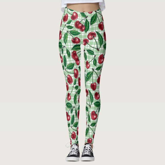 Röda körsbär på ljust grönt gingham leggings (Framsida)