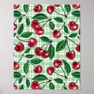 Röda körsbär på ljust grönt gingham poster
