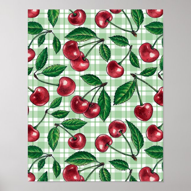 Röda körsbär på ljust grönt gingham poster (Framsidan)