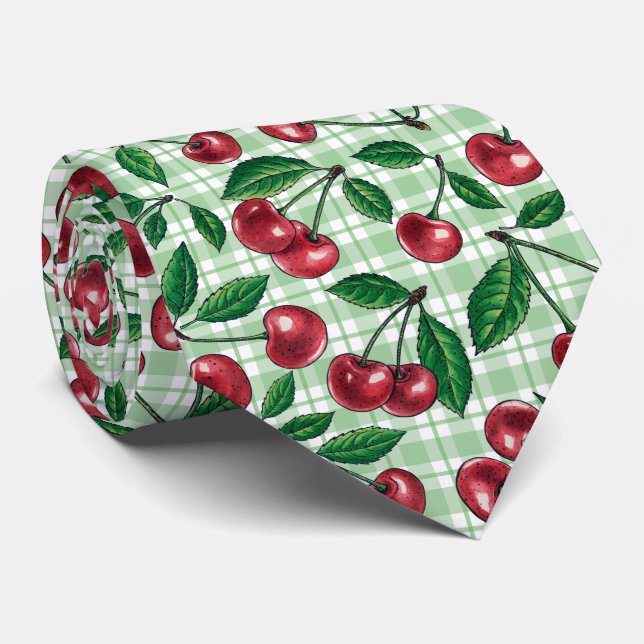 Röda körsbär på ljust grönt gingham slips (Rullad)