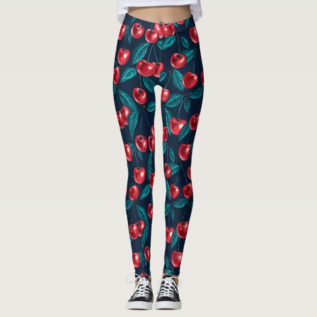 Röda körsbär på mörk blått leggings (Framsida)