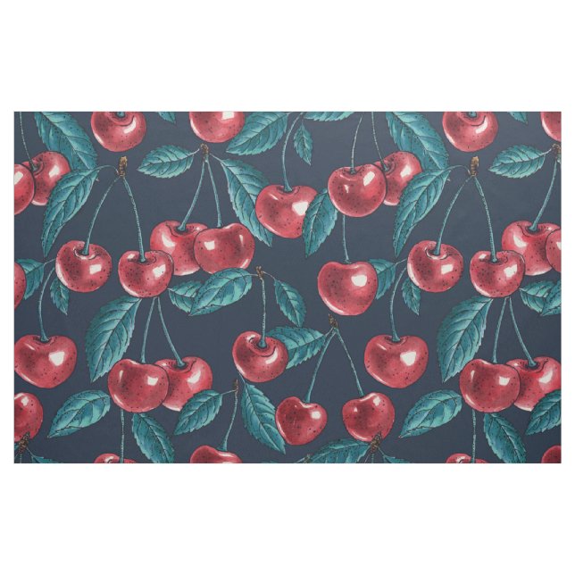 Röda körsbär på mörk blått tyg (Fat Quarter)