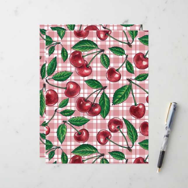 Röda körsbär på rosa gingham (Fram/Back In Situ)