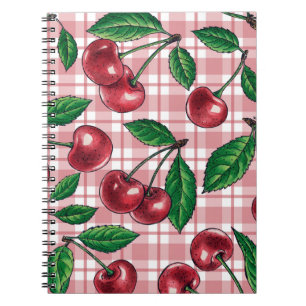 Röda körsbär på rosa gingham anteckningsbok