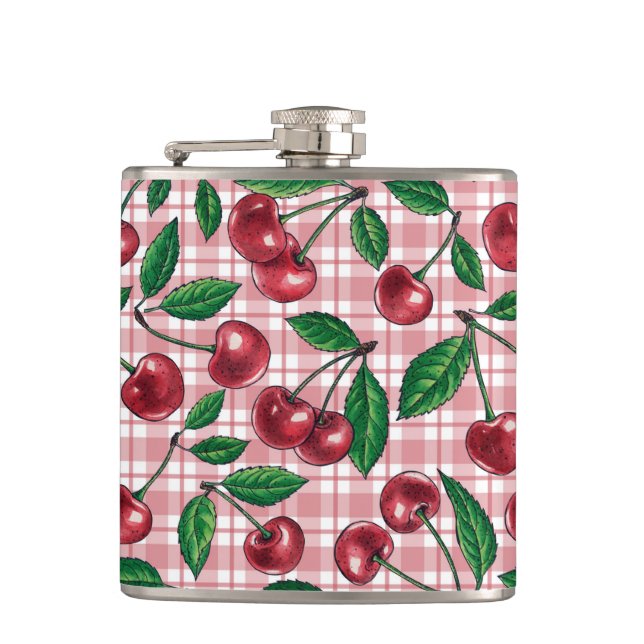 Röda körsbär på rosa gingham fickplunta (Framsidan)