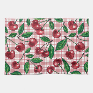 Röda körsbär på rosa gingham kökshandduk