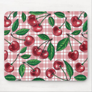 Röda körsbär på rosa gingham musmatta