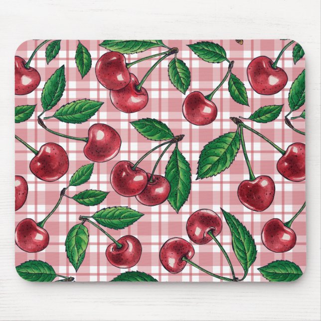 Röda körsbär på rosa gingham musmatta (Framsidan)