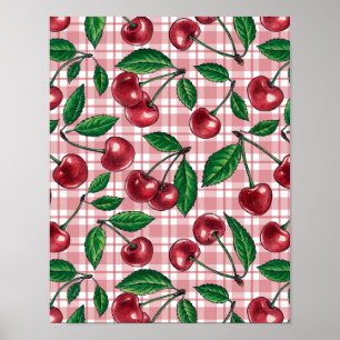 Röda körsbär på rosa gingham poster