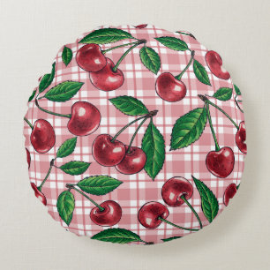 Röda körsbär på rosa gingham rund kudde