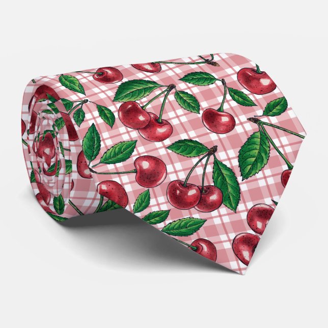 Röda körsbär på rosa gingham slips (Rullad)