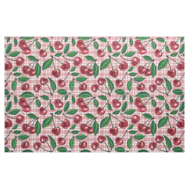 Röda körsbär på rosa gingham tyg (Fat Quarter)