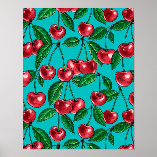 Röda körsbär på turkos poster (Framsidan)